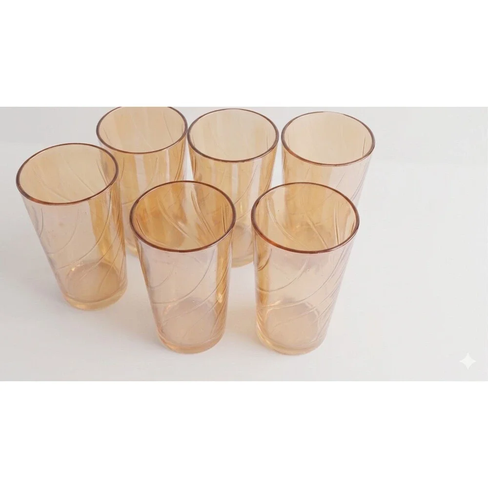 6 Jeannette Swirl Marigold Carnival Glass Tumblers Iridescent Vintage MCM 1960s